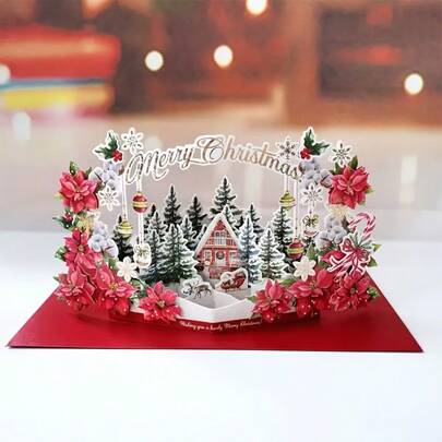 1pc Christmas 3D Greeting Card, Holiday Gift For Her, Red Accented Design Featuring Christmas Tree, Village, Santa Claus And Reindeer Elements - Great For Home Decor, Perfect For Christmas, Christmas Gift