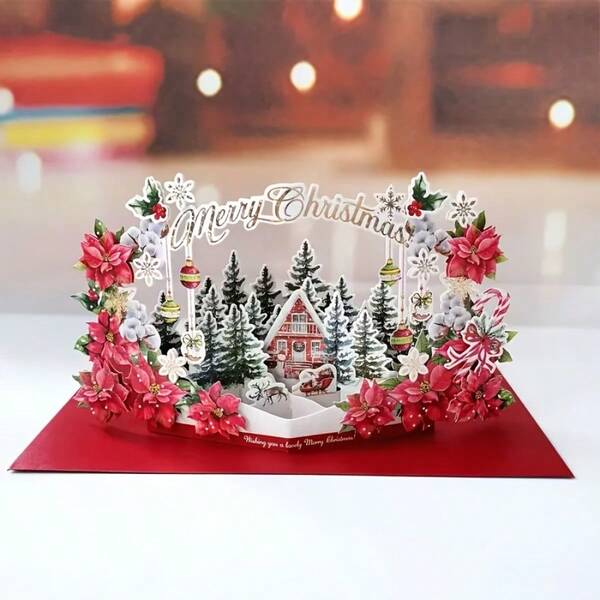 1pc Christmas 3D Greeting Card, Holiday Gift For Her, Red Accented Design Featuring Christmas Tree, Village, Santa Claus And Reindeer Elements - Great For Home Decor, Perfect For Christmas, Christmas Gift