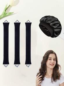4 piezas Juego de rizador de cabello: 1 pieza Sombrero de ala ancha de satén + 3 piezas Varillas rizadoras de cabello sin calor. Gorro de dormir clásico de unicolor elástico y suave para mujer, gorro de ducha, turbante de imitación de seda para el cabello con banda elástica para proteger el cabello de daños, diadema de ala ancha de alta elasticidad, gorro de dormir para protección del cabello al aire libre, suave y transpirable para dormir, sin necesidad de calentamiento para rizar el cabello durante la noche, ondas sin calor, artículos esenciales de viaje, artículos esenciales de viaje, peinado, peluquería