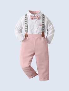 BOARNSEORL 2pcs Young Boys Gentleman Outfit - Long Sleeve Shirt With Bowknot And Pink Suspender Pants, Fashionable Casual Suit For Party, Wedding, Anniversary Celebration