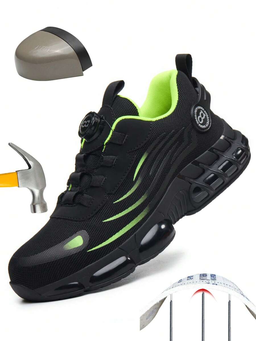 Nowe, wygodne i bezpieczne buty z obrotowym przyciskiem, buty robocze odporne na uderzenia i przebicia, lekkie, oddychające buty robocze, buty robocze dla mężczyzn i kobiet, buty sportowe dla mężczyzn i kobiet - czarny zielony - Zobacz 1