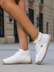 1 Pair Women's Rhombus Pattern Casual PU Leather & Mesh Splice Ankle Boots, Office, Party, Outdoor, All Season, British Style Handmade Octopus Stitching, Rubber Anti-Slip Sole, Fashion Versatile, Fitness, Cross-Training, Cycling - White - View 4