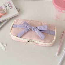 Ins Fabric Pencil Case Student Simple Bowknot Storage Bag Stationery Bag Organizer - 紫色 - 查看 6