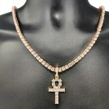 ANKH Cross Pendant ICED Tennis Chain Gold Plated Silver Rose Hip Hop CZ Necklace - Vàng hồng 14k - Xem 3