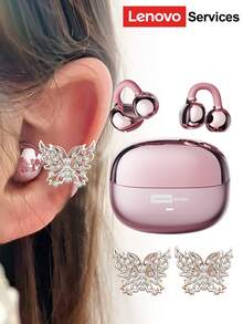 Lenovo سماعات بلوتوث موضة من ليونوفو LE302 مع إكسسوارات سماعات الأذن على شكل فراشة، سماعات أذن قابلة للتثبيت بالكليب مع صوت محيطي، جودة صوت عالية، انخفاض في التأخير، إلغاء ضوضاء ENC، ارتداء مريح، مناسبة كإكسسوار أقراط موضة وهدية للنساء