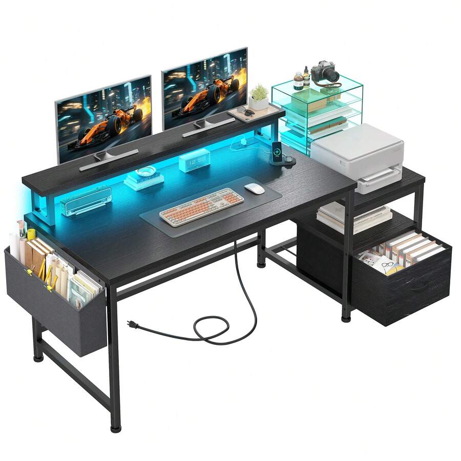 EnHomee 57"H Gaming Desk With LED Lights  Home Office Desk With Power Outlets & Fabric Drawer Office Desk With File Cabinet & Printer Shelf, Black - Xem 1
