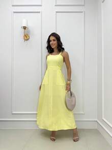 Long Dress Simple Elegant Casual Button Split Side Slit Women Wedding - 黃色 - 查看 1