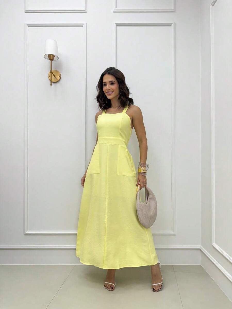 Long Dress Simple Elegant Casual Button Split Side Slit Women Wedding - 黃色 - 查看 1