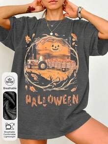 Women's Summer Halloween Pumpkin Car Pattern Print Round Neck Short Sleeve Simple Casual Everyday T-Shirt Top, Ghost Driving Women's Top, Pumpkin Moon Women's Summer Clothing, Yellow Letter Summer Top - Dark Grey - View 2