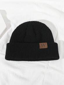 2 件男士皮革贴片南瓜针织帽，柔软、时尚、温暖，适合秋冬季休闲穿着 - 黑色+紅色 - 查看 2