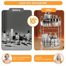 360°旋转化妆品收纳架，适用于梳妆台面，双层设计，大容量化妆品护肤品香水收纳架，适用于梳妆台浴室，旋转式收纳架（透明白色） - 銀色 - 查看 5