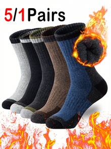 5/1 Pair Men's Socks, Soft & Warm Winter Casual Crew Socks, Moisture-Wicking, Suitable For Indoor And Outdoor - Multicolor - View 1