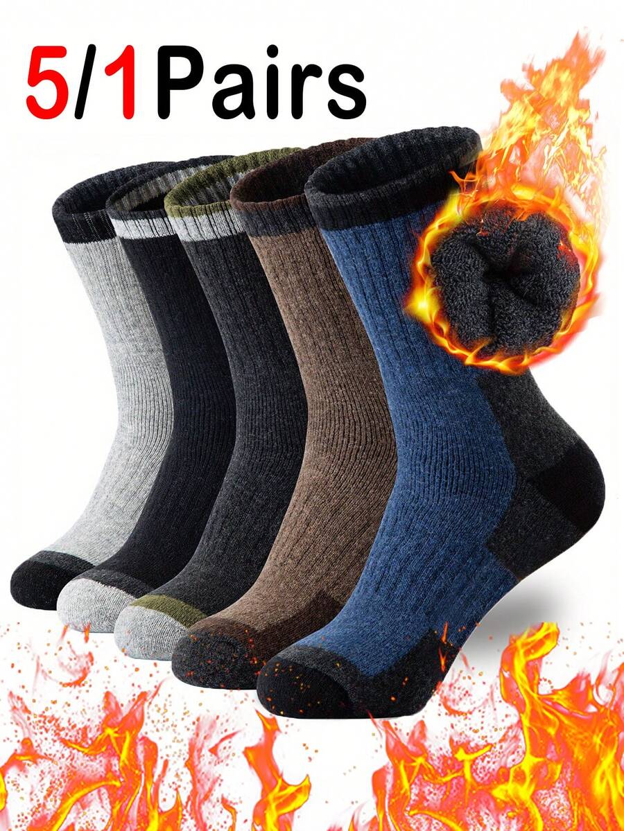 5/1 Pair Men's Socks, Soft & Warm Winter Casual Crew Socks, Moisture-Wicking, Suitable For Indoor And Outdoor - Multicolor - View 1