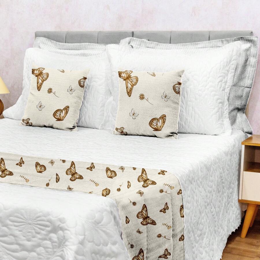 Kit 1 Peseira QUEEN + 2 Capas de Almofadas 40x40cm Piquet - BORBOLETA CAQUI - Visão 1