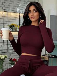 Women's Casual Solid Color Long Sleeve Top, Minimalist Style For Commuting, Autumn - Burgundy - View 6