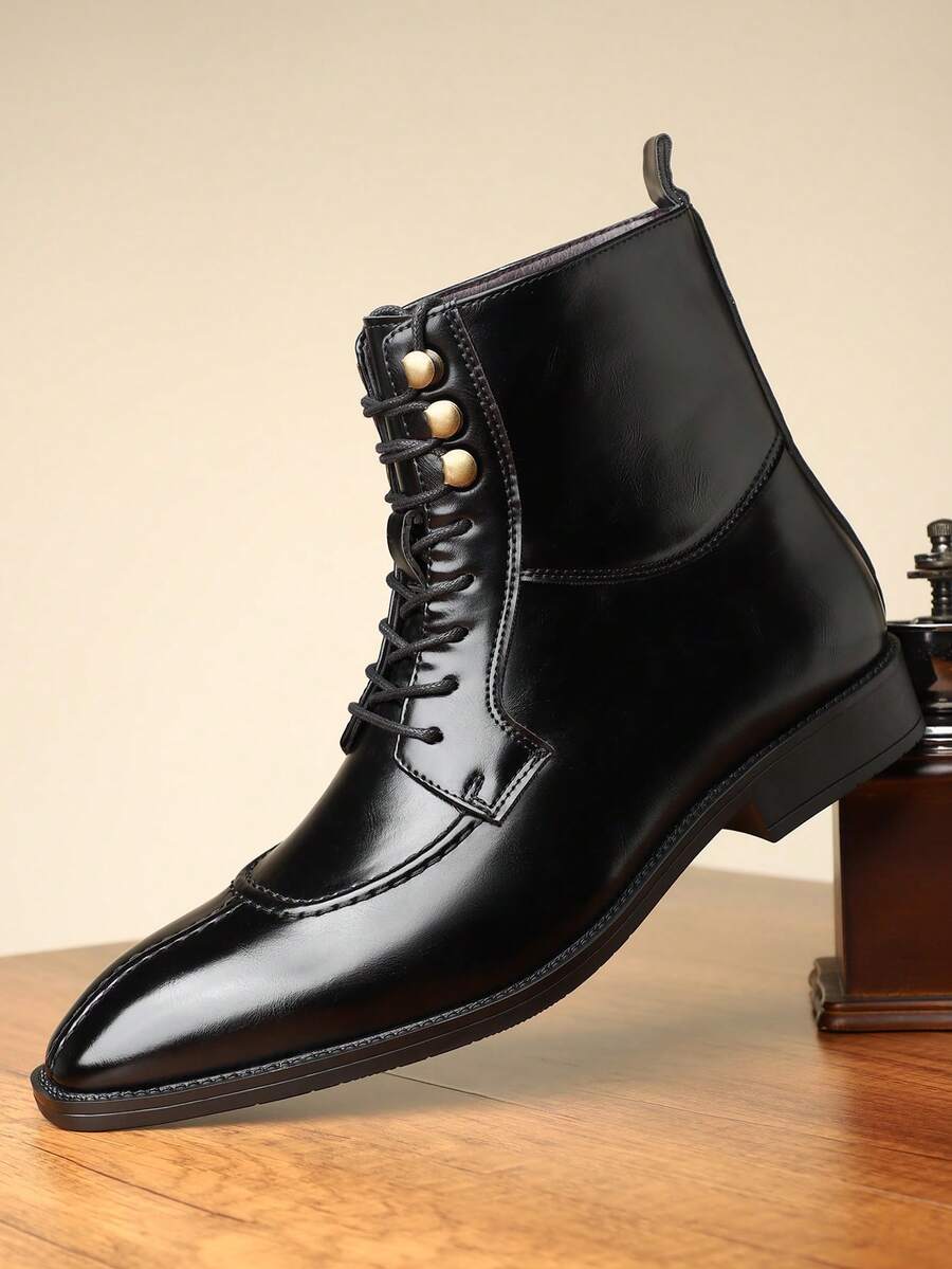 1 双男士高帮布洛克商务休闲皮靴，新款时尚复古尖头高筒靴 - 黑色 - 查看 1