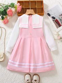少女可爱甜美学院风蝴蝶结水手领公主长袖及膝连衣裙，2025年秋季新品 - 粉色 - 查看 7