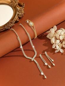 Modisches Schmuckset: Vollständig mit Strass-Zirkonia besetzte Halskette + Ohrringe + Armband, Hochzeitskleid Schmuck