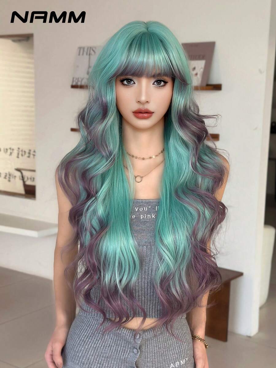 NAMM 30 英寸绿色渐变紫色波浪假发，宽松长卷发，带刘海，高品质耐热纤维合成长卷发假发，适合时尚女性和女孩派对角色扮演使用