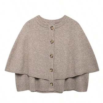 ZEVITY 2025 Damen Rundhals einfarbiger Strick-Poncho mit Knöpfen vorne, offene Vorderseite Strickjacke SW1314