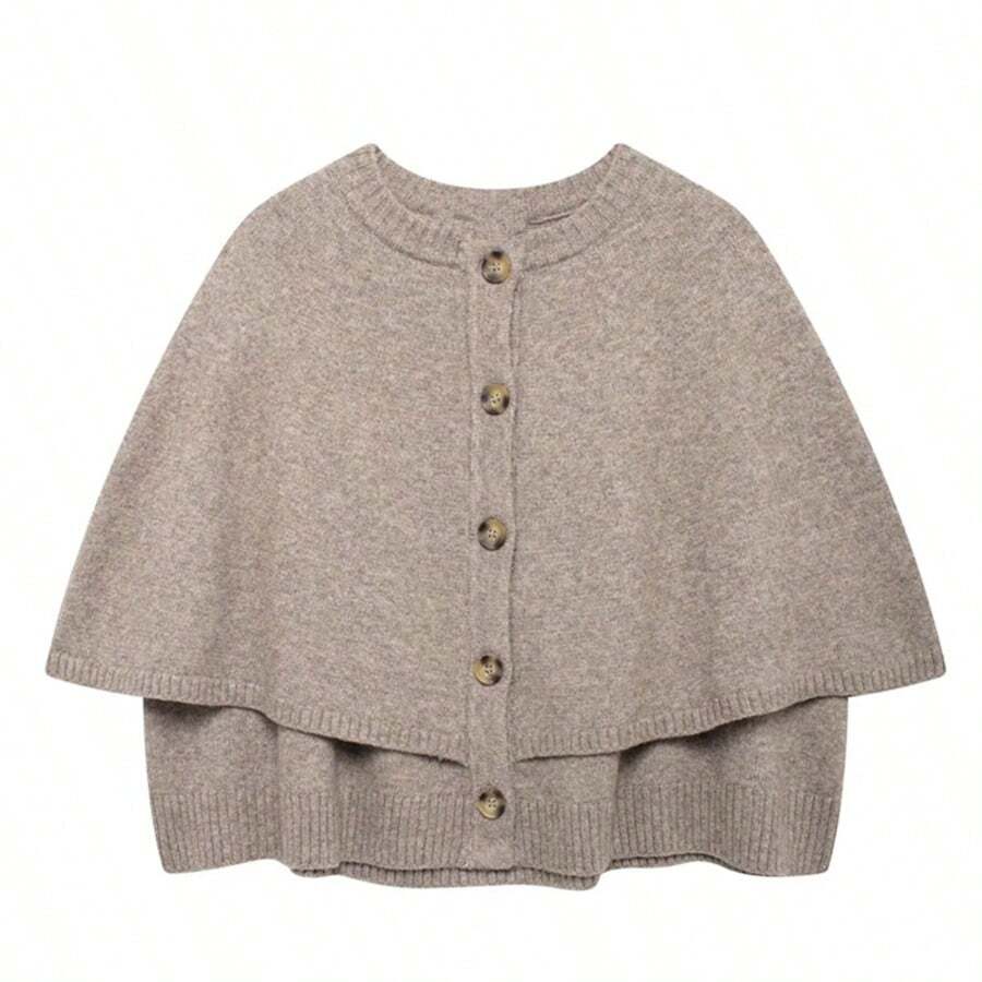 ZEVITY 2025 Poncho de punto de cuello redondo de unicolor con botones delanteros para mujer, chaqueta de cárdigan de frente abierto SW1314