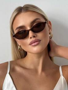 1pc Oval Shaped Small Frame Fashion Glasses, Retro, Personalized, Versatile, Casual And Elegant Women's Glasses Suitable For Daily Wear, Back To School Wear, Vacation Travel, College Style, Summer Beach Accessories, Women's Accessories - Brown - View 3