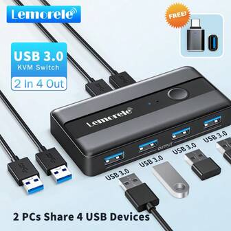 Lemorele H5 USB KVM切换器适配器，USB 3.0切换器，2个输入，4个输出，USB KVM切换器，打印机共享设备，适用于电脑键盘，支持Windows/Linux/Android系统。