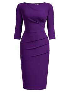 MIUSOL Elegant Women's Ruched Zip Back Split Hem Bodycon Dress, Slim Fit Business Casual Outfit, Perfect For Office, Wedding Guest, Homecoming, Church And Birthday Party - Màu tím - Xem 7