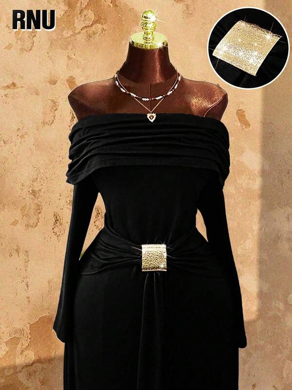 RNU Vestido largo de mujer de talla grande, elegante, de unicolor, con alta elasticidad, suave punto, hombros descubiertos, botones metálicos, manga larga, ajustado y estilizador, adecuado para Navidad, gala, fiesta de Año Nuevo, estilo vintage, vestido formal, que cincha la cintura