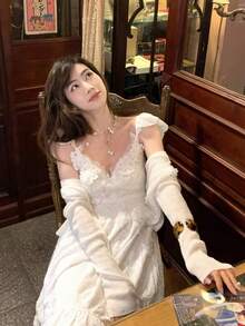 V-Neck Long Sleeve Lace Sheer Cover Up, Lightweight Knit Shawl Collar Cover Up For Summer - White - View 2