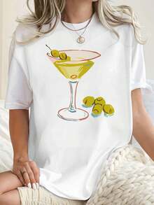 Camiseta con estampado de oliva y Martini ,Camiseta informal de algodón de verano para mujer, manga corta, cuello redondo, 220 g/m2 (1 pieza) - Blanco - Ver 1