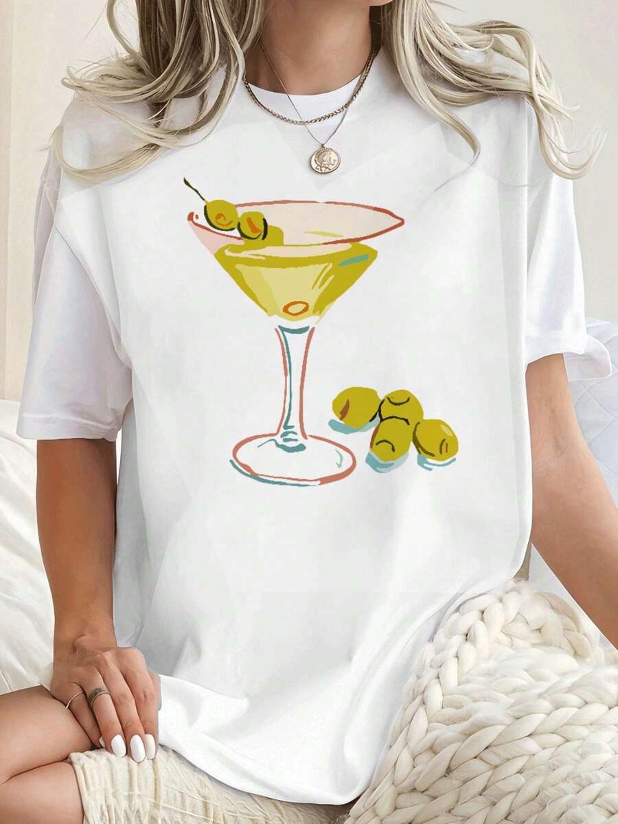 Camiseta con estampado de oliva y Martini ,Camiseta informal de algodón de verano para mujer, manga corta, cuello redondo, 220 g/m2 (1 pieza) - Blanco - Ver 1