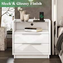 Nightstand Set Of 2, 23.6'' End Table With Charging Station, Modern High Gloss Bedside Table With Glass Top, Spacious Drawers And Open Shelf, Stylish Nightstand For Sleeping Area, Easy Assembly, White - 白色 - 查看 3