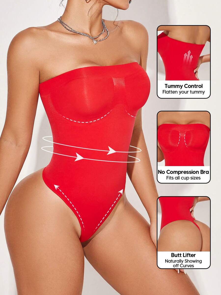Women's Solid Color Strapless Bodysuit With Tummy Control Summer - Red - View 1