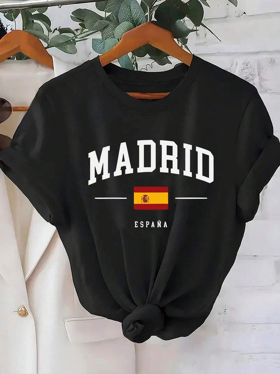 Women's Madrid Spain Pattern Printed Short Sleeve-Shirt - Round Neck Casual Top, Lightweight Summer Spring Breathable Black With White Letters, Washable, Daily Wear - 黑色 - 查看 1