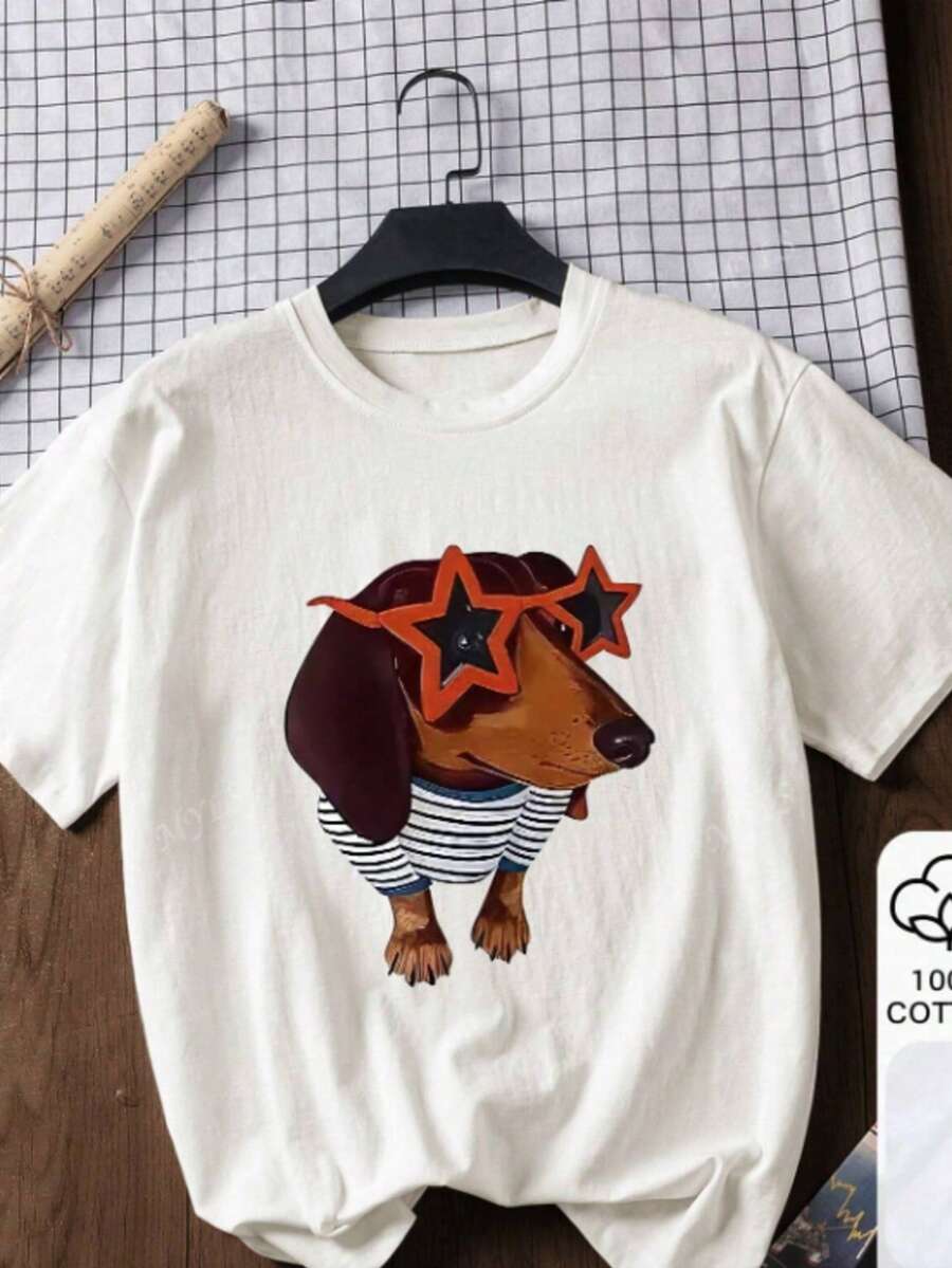 Camiseta Feminina de Gola Redonda Estampada com Dachshund, Moda T-shirt Feminina com Estampa de Dachshund, Camiseta Casual De Manga Curta, Promoção Blusinha Feminina, Conforto para Todas as Estações