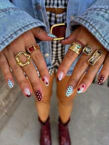 Bộ 24 miếng dán móng tay hình bầu dục màu trắng và đỏ kiểu Pháp, trang trí bằng sao và chấm bi đỏ trắng, vừa vặn hoàn hảo với bộ móng acrylic, bao gồm 1 gel dẻo và 1 dũa móng, thích hợp cho sử dụng hàng ngày hoặc dự tiệc cho các bạn gái. - Nhiều màu - Xem 8