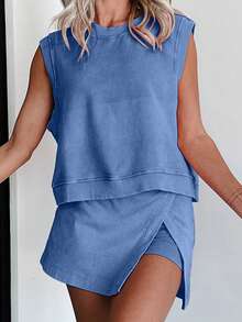 Womens Early Fall Two-Piece Casual Mineral Washed Cotton Tank Top And Slit Mini Skirt Set - Xanh đậm - Xem 4