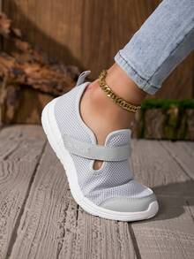 Women's Slip-On Mesh Shoes, Flat Heel, Casual Comfort Sneakers, Gray, Hook And Loop Closure, Soft Sole, Lightweight, Daily Wear, Autumn - Grey - View 11