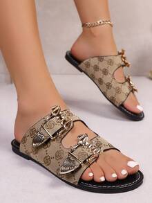 Women's Solid Color Fashion Sandals With Bat Buckle Waist Belt Inlaid Lightweight Flat Slippers, Non-Slip Summer Slippers, Summer Roman Style Open Toe Backless Shoes, Fashionable Bat Open Toe Design, Good Breathability, Versatile Casual Sandals, Suitable For Matching Any Outfit