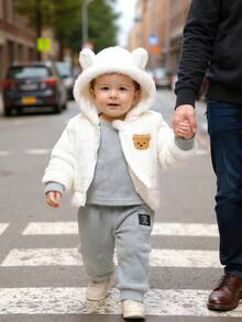 3pcs Set, Casual, Cute, Baby Boy Clothes, Toddler Autumn/Winter Outfit, Soft & Comfortable, Cartoon Bear Applique Embroidery Hooded Jacket, Fleece Crew Neck Top And Pants, Suitable For Daily, Holiday, Party, Outdoor