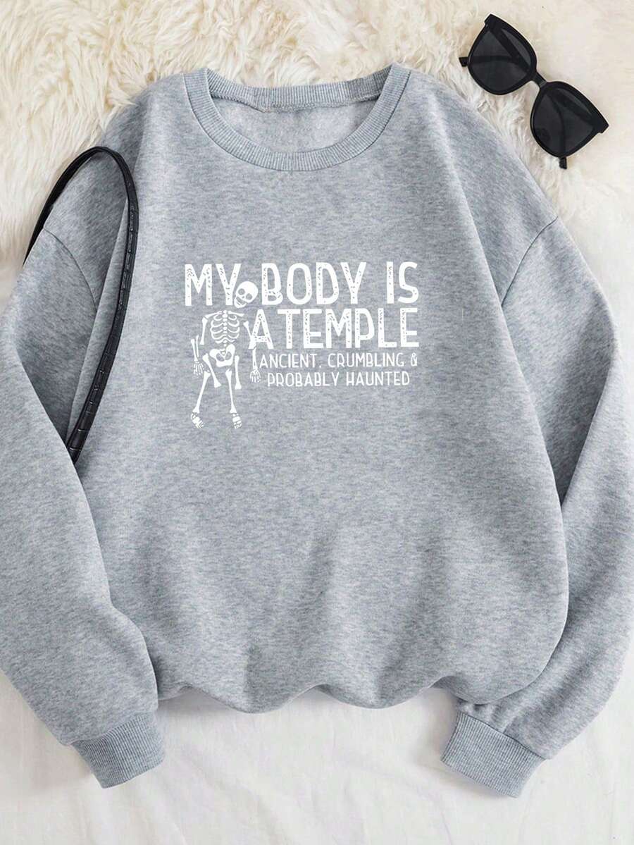 女式黑色万圣节骷髅字母图案印花宽松长袖卫衣秋冬时尚节日落肩套头衫 - 灰色 - 查看 1