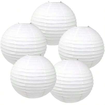 5 件白色风格纸灯笼 - 悬挂圆形纸灯笼，适合婚礼、生日、新娘送礼会和节日装饰 - 适合室内和室外使用，灯罩节日派对 DIY 用品