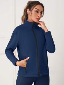 Women's Casual Full Zip 1/4 Zip Hooded Sweatshirt Jacket With Lining, 2025 Autumn Fashion Outfit - Navy Blue - View 4