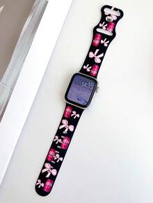 1pc Bow-Knot Black Elegant Pull Tab Bow Print Silicone Watch Band Strap Compatible With Apple Watch Band 38mm 40mm 41mm 42mm 4mm 45mm 49mm (S10 42 )Mm (S10 46)Mm , Comfortable Replaceable Waterproof Sports Strap Compatible With Iwatch Ultra/SE/10/9/8/7/6/5/4/3/2/1,Sporty & Fashionable Smart Watch Strap,Women Watchbands, Fine Women Fashion Watch Accessories, Smart Watch Strap/Band,Valentine's Day Mother's Day Gift,Fashion Accessories