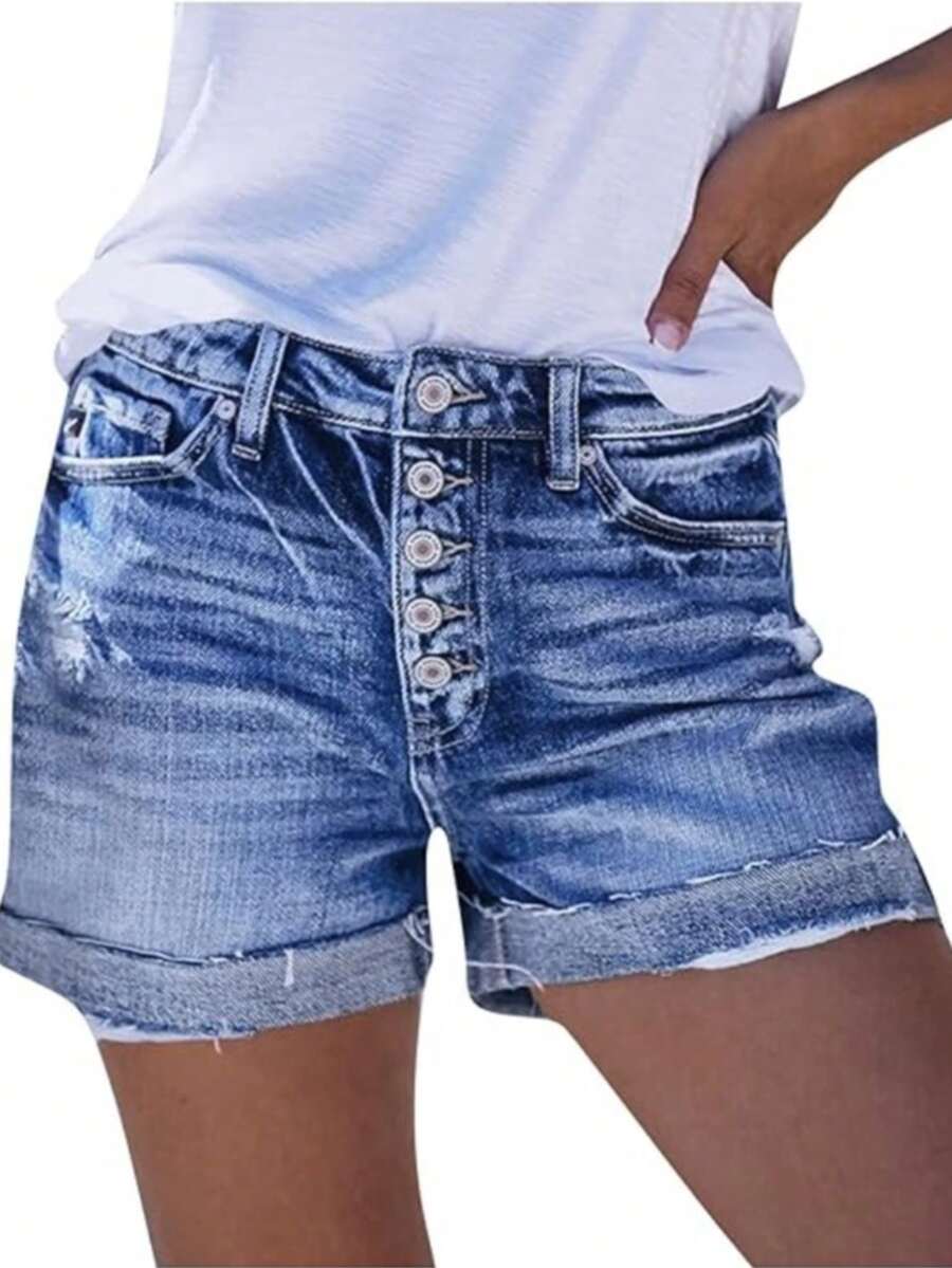 Women Casual Ripped Medium Waisted Denim Shorts, Washed Cuffed Hem Denim Hot Short Summer Autumn Jean Shorts - 深藍色 - 查看 1