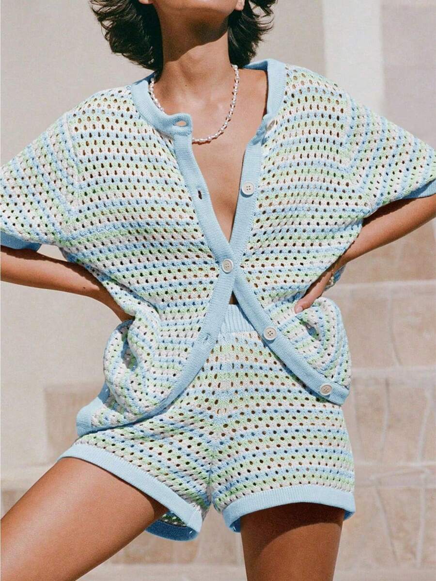 Women's Boho Beach Vacation Set, Crochet Knit Cover Up With Striped Button Shirt, Summer Short Sleeve - 藍色 - 查看 1