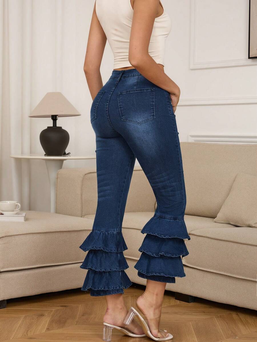 利基设计宽腿牛仔裤，带荷叶边下摆 - 深色水洗藍 - 查看 1