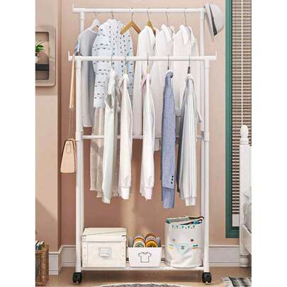 1pc Single Pole/Double Pole Clothes Rack, Space-Saving With Metal Frame, Suitable For Home Bedroom, Balcony, Multipurpose In Drying, Storage And Organizing Clothes