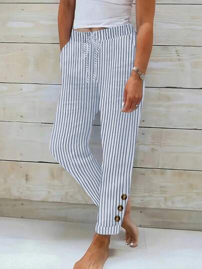 Aurora Silk Women's Casual Striped Pants With Button Side Pockets - Loose Fit, Vacation Style For All Seasons, Vertical White And Black Stripes, Resort | Striped Pants | Casual Fit